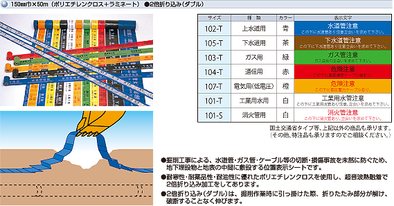 埋設表示シートＷ 上水道用［水道管注意］ | 安全標識、安全用品、安全